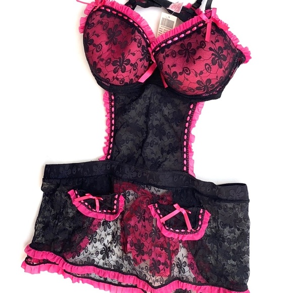 Native Intimates"Pink & Black lace Baby Doll Dress - Picture 7 of 9